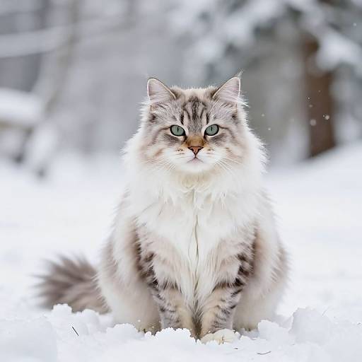 Photograph of a fluffy, long-haired, gray and white tabby cat with green eyes standing in a snowy forest, looking directly at the camera.