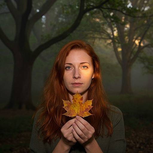 Photograph of a red-haired woman with fair skin holding a yellow-orange maple leaf, illuminated by a soft light, in a misty, dark forest