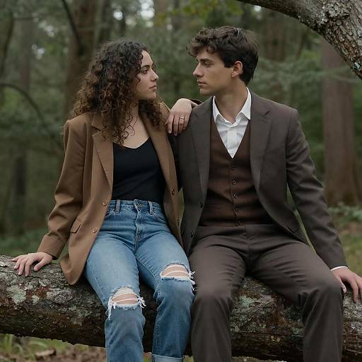 Young Couple Sitting on Tree Branch in Forest