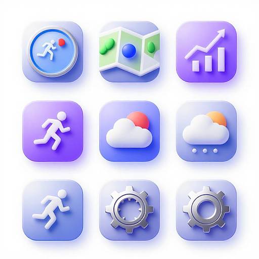 Digital icon set: nine rounded square icons in purple, featuring a running figure, hexagon with circles, bar graph, cloud, clouds with red dot