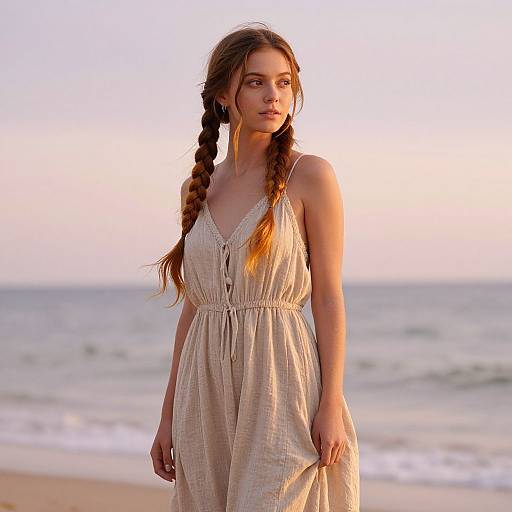 Photograph of a young woman with long brown braids, wearing a beige, sleeveless, lace-trimmed dress, standing on a beach at