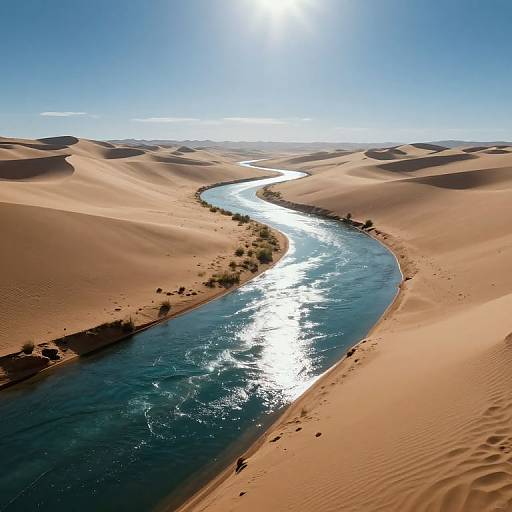 Aerial photograph of a winding, shimmering blue river cutting through sandy desert dunes under a bright, sunlit blue sky.