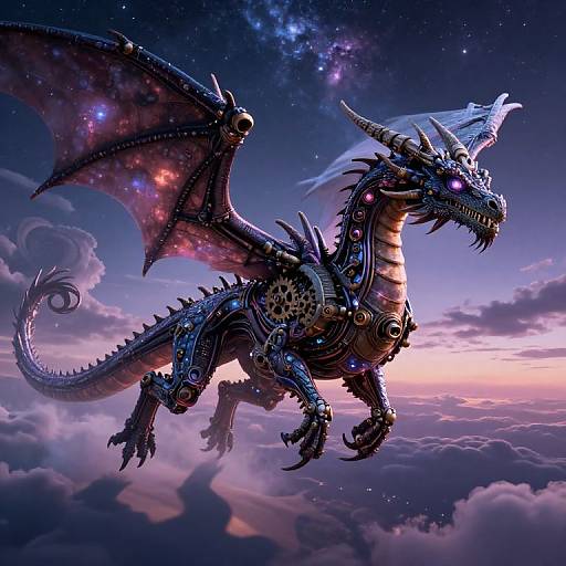Digital art of a mechanical, cyber-dragon with glowing purple eyes, metallic scales, and wings filled with star patterns, soaring through a cosmic, cloud
