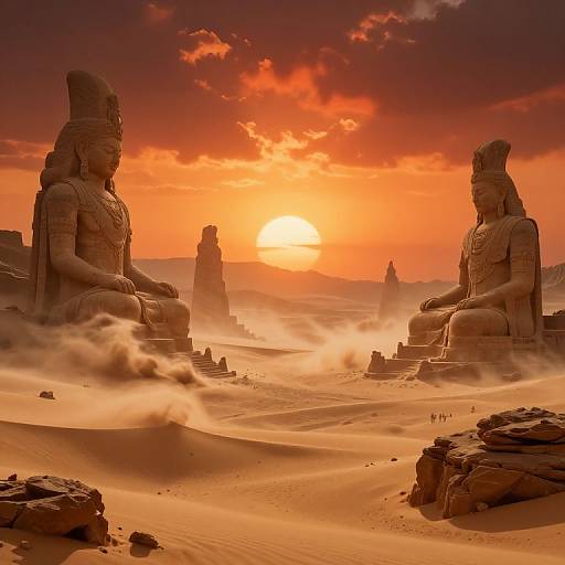 Photograph of a surreal desert landscape at sunset, featuring two towering, ancient stone statues facing each other, surrounded by mist and sand dunes under a