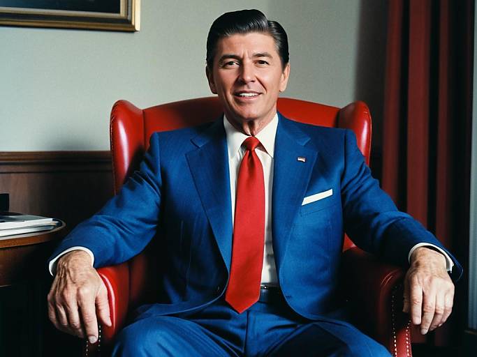 Photograph of a smiling middle-aged man with dark hair, wearing a blue suit, white shirt, and red tie, seated in a red leather chair