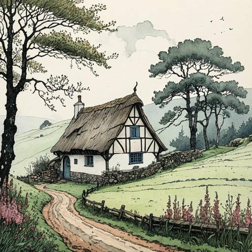 European Medieval Cottage Landscape Illustration