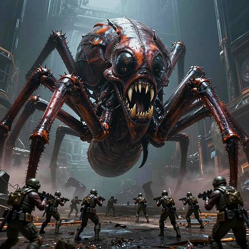 Digital CGI: Massive, menacing, insectoid creature with glowing red eyes and sharp teeth looms over armed soldiers in a futuristic, dimly lit industrial