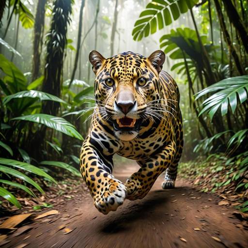 Jaguar Running in Dense Rainforest