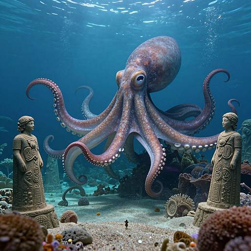 Photograph of a massive, pink-and-white octopus with expressive eyes, surrounded by two ancient stone statues, amidst a vibrant underwater coral reef.