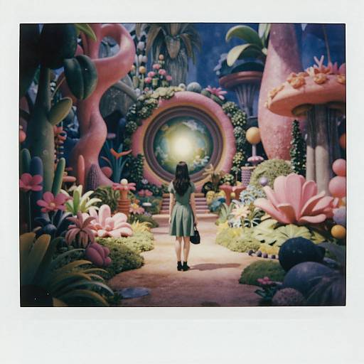 Digital illustration of a girl in a green dress, standing before a glowing, circular portal surrounded by vibrant, whimsical flora and pink, mushroom-like structures