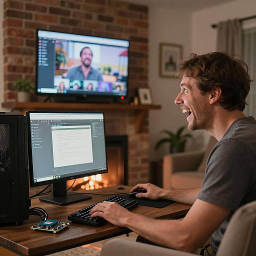 Ecstatic Man Upgrading PC in Cozy Room
