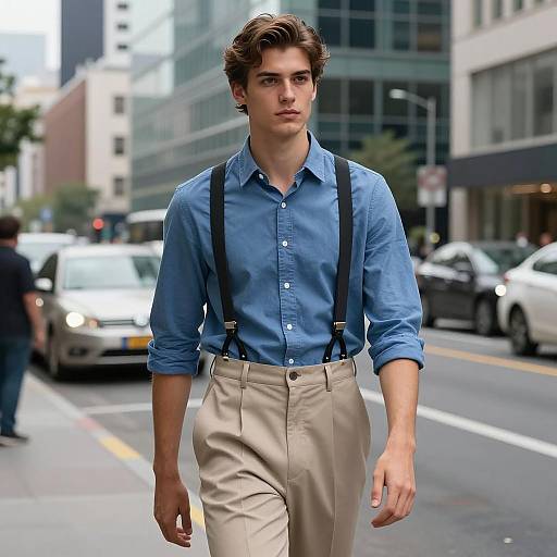 Young Man in Urban Streetwear with Suspenders