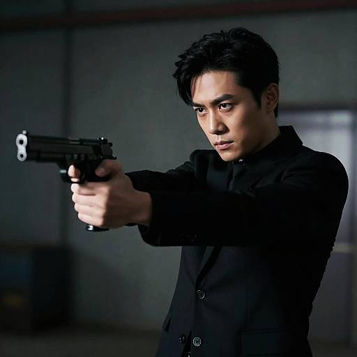 Intense Asian Man with Pistol in Shadow