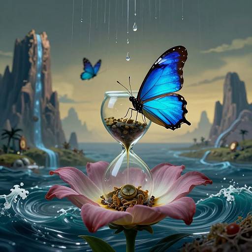 Digital fantasy artwork of a blue butterfly perched on an hourglass sitting on a pink lotus flower, surrounded by water, with distant, rocky mountains