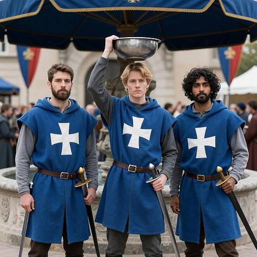 Medieval Warriors Under a Colorful Canopy