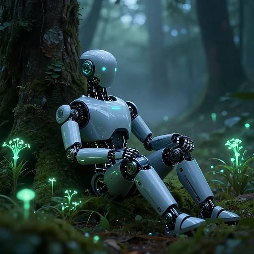 Photorealistic digital art of a white, glowing robot sitting against a forest tree, surrounded by bioluminescent mushrooms in a misty, dark