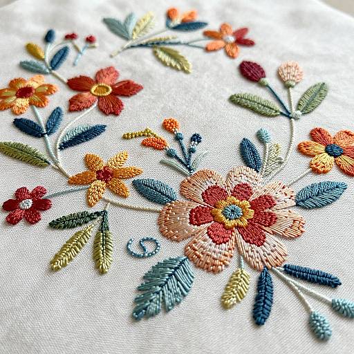 Close-up photograph of vibrant, detailed embroidery with red, orange, and yellow flowers, blue and green leaves, and textured stitches on white fabric.