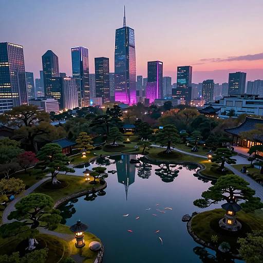Photograph of a cityscape at dusk, featuring a reflective pond with illuminated trees, surrounded by modern skyscrapers with purple and pink lights, under