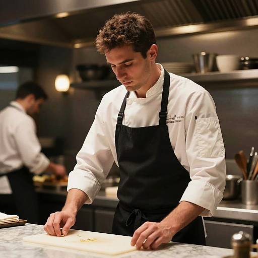 Photograph of a focused male chef with short brown hair, wearing a white shirt and black apron, cutting dough on a marble countertop in a