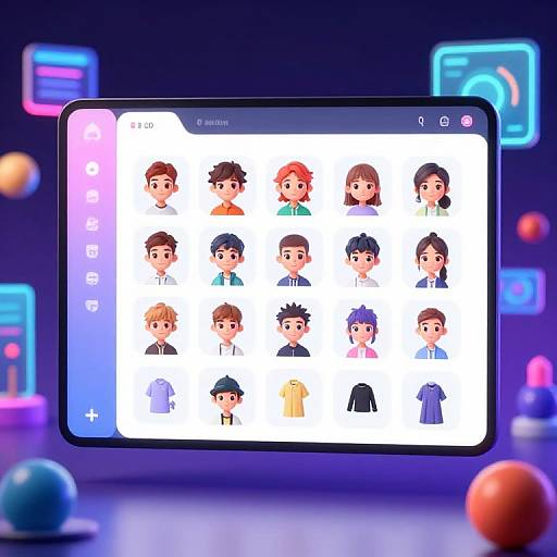 Digital illustration of a smartphone screen displaying a grid of 20 cartoon-style avatars with various hairstyles and clothes, set against a blurred, neon-lit