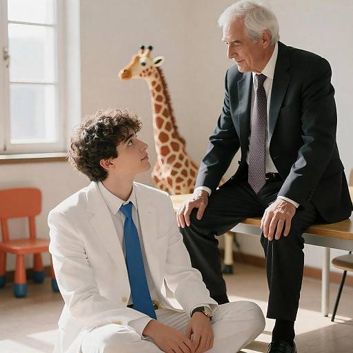 Young Man and Elder in Sunlit Room
