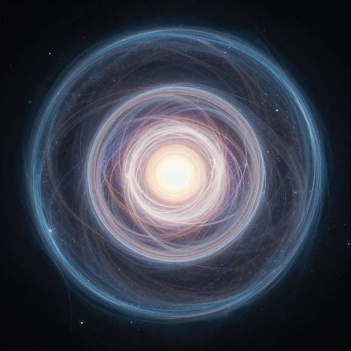 Digital illustration of a bright white galaxy with swirling blue and purple energy rings against a dark starry background.