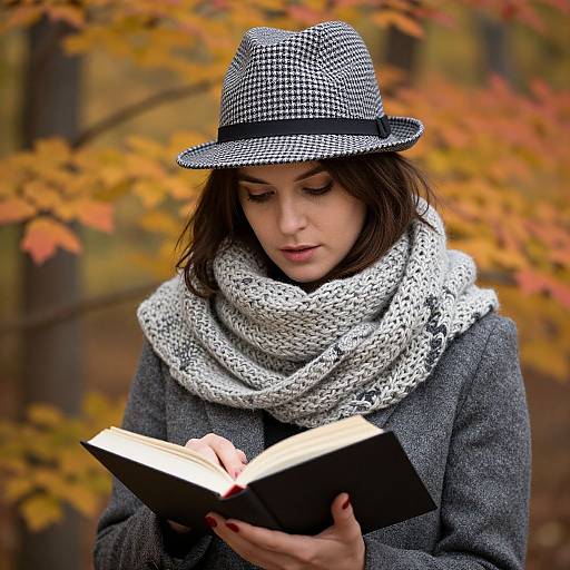 Photograph of a fair-skinned woman with dark brown hair, wearing a black-and-white checkered hat and white knit scarf, reading a book in
