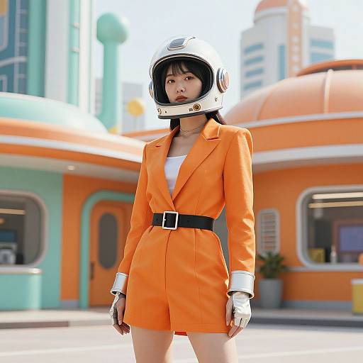Retrofuturistic Asian Woman in Spaceport