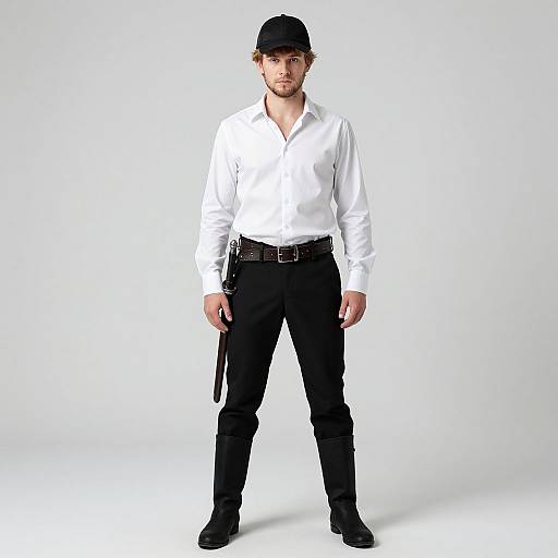 Photograph of a serious-looking Caucasian man in a black cap, white shirt, black pants, belt, and boots, standing against a white background.