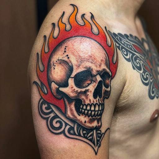 Traditional Skull Flame Shoulder Tattoo
