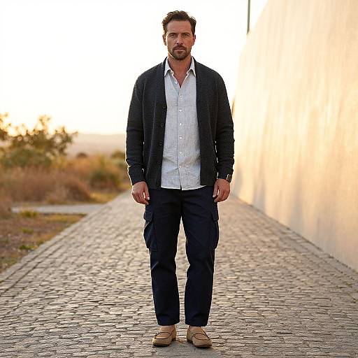 Photograph of a handsome, bearded man with short brown hair, wearing a black blazer, white shirt, dark pants, and tan shoes,