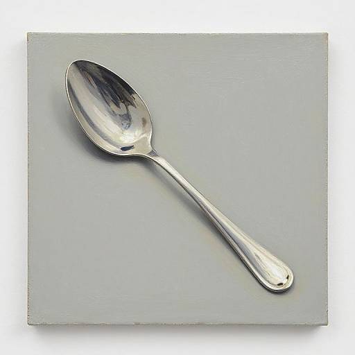 Photograph of a shiny, stainless steel spoon with a rounded bowl and slender handle, lying diagonally on a light gray, textured background.