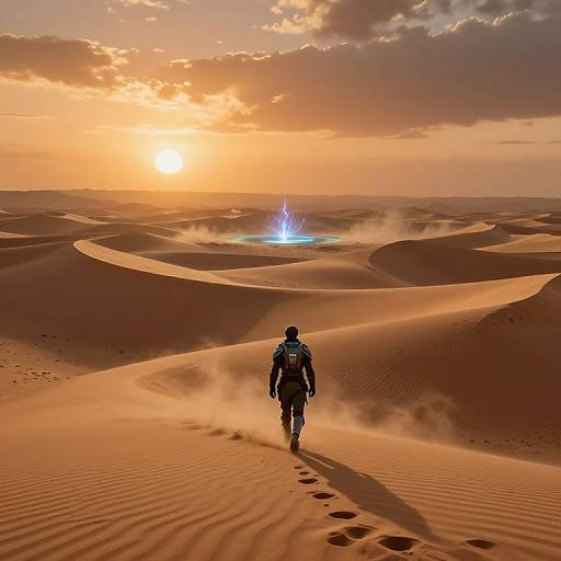 Photograph of a lone figure in desert armor walking towards a glowing blue pool in a vast, sunlit, wavy sand dune landscape at sunset