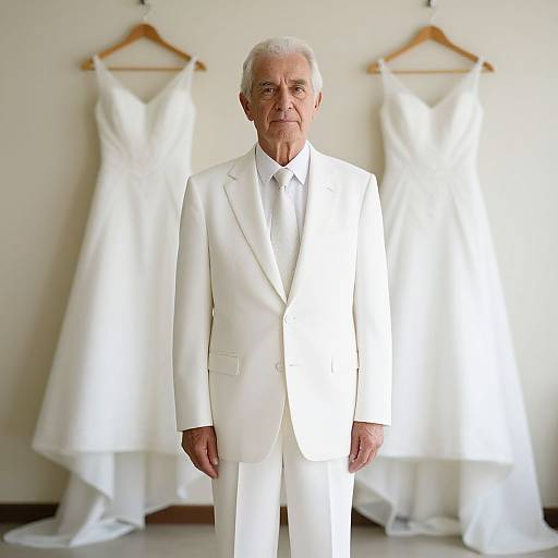 Photograph of an elderly white man with white hair in a white suit, standing in front of two white wedding dresses hanging on a wooden rack.