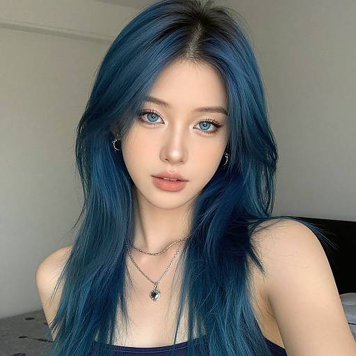 Photograph of a young Asian woman with long, straight, dark blue hair, blue eyes, and fair skin, wearing a black top and silver necklace