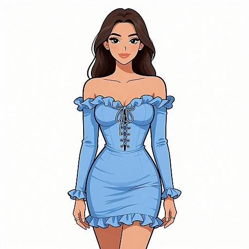 Digital illustration of a beautiful woman with long brown hair, wearing an off-shoulder, light blue, frilled dress with lace-up front, standing