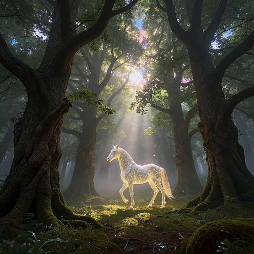 Photograph of a glowing, wireframe horse in a mystical forest, sunlight filtering through dense, dark trees, creating a magical atmosphere.