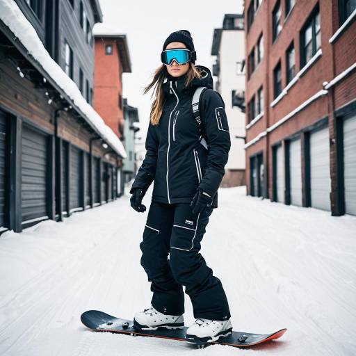 Young woman snowboarding in urban winter setting