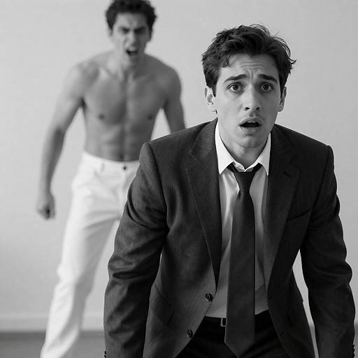 Terrified Man in Suit with Angry Shirtless Man Behind
