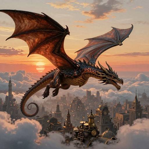 Digital artwork of a fierce red and black dragon soaring above a cloudy, sunset-lit cityscape with skyscrapers and spires.
