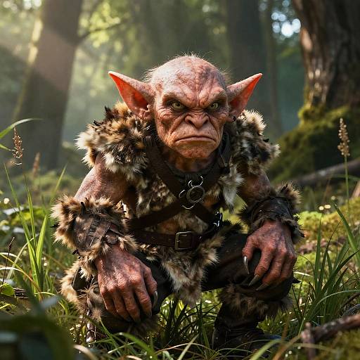Photorealistic CGI goblin with red ears, fur-covered clothing, and scowling face, crouching in a sunlit forest clearing.