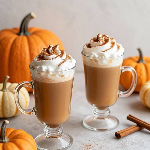 Photograph of two glass mugs filled with chocolate peppermint lattes, topped with whipped cream and cinnamon, surrounded by small pumpkins and cinnamon