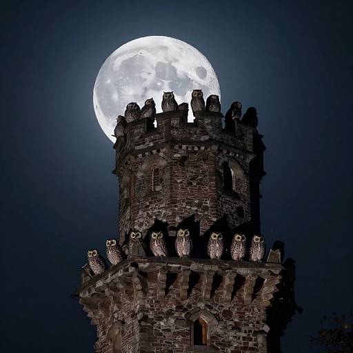 Photograph of a dark, medieval stone tower with owl-shaped crenellations, set against a luminous, full moon in a night sky.