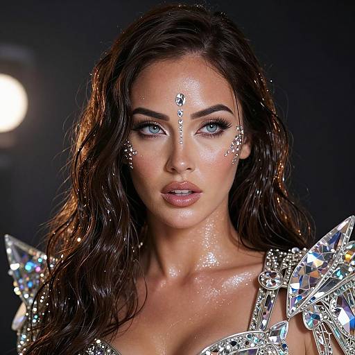 Photograph of a glamorous model with wet, dark brown hair, blue eyes, and glittering makeup, wearing a sparkling, crystal-embellished
