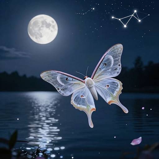 Photograph of a glowing, translucent butterfly with delicate wings near a moonlit lake, under a starry night sky with a constellation.