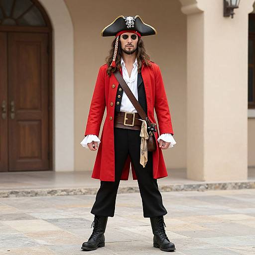 Photograph of a man in a pirate costume: red coat, black pants, white shirt, tricorn hat, black boots, standing outdoors.