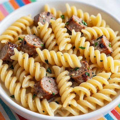 Photograph of a white bowl filled with creamy, yellow pasta spirals topped with browned, cubed beef and fresh green herbs.