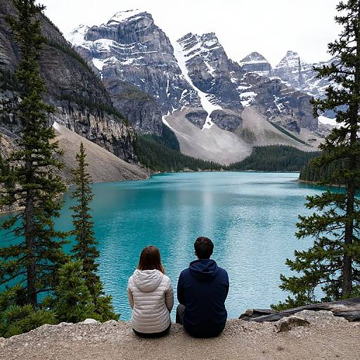 Photograph of a couple sitting on a rocky shore, facing a turquoise mountain lake with snow-capped peaks and evergreen trees.
