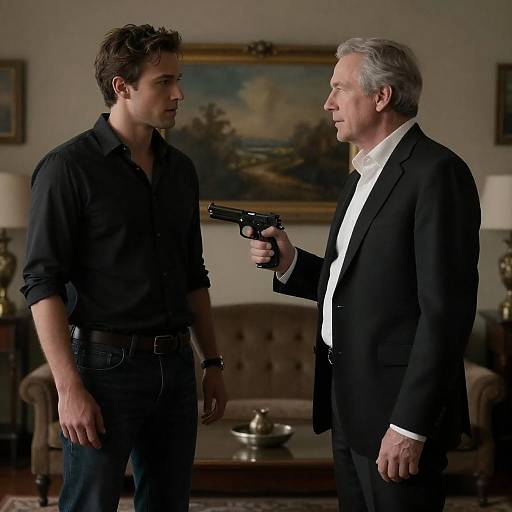 Dim Room Standoff: Gunpoint Confrontation