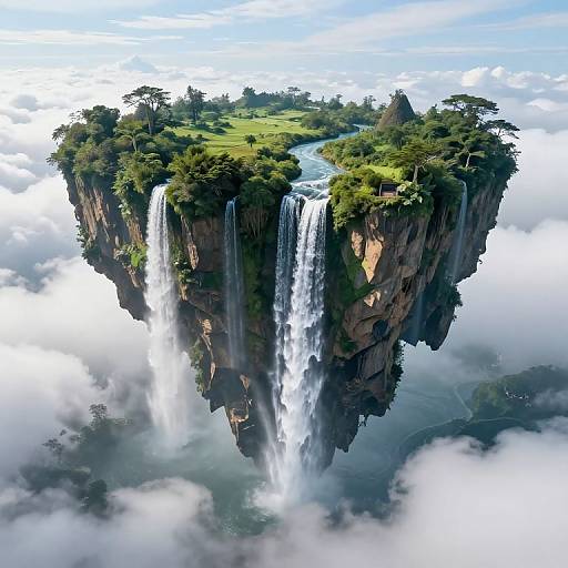 Photorealistic CGI of a floating island with lush greenery, tall waterfall cascading down rocky cliffs, surrounded by fluffy clouds.